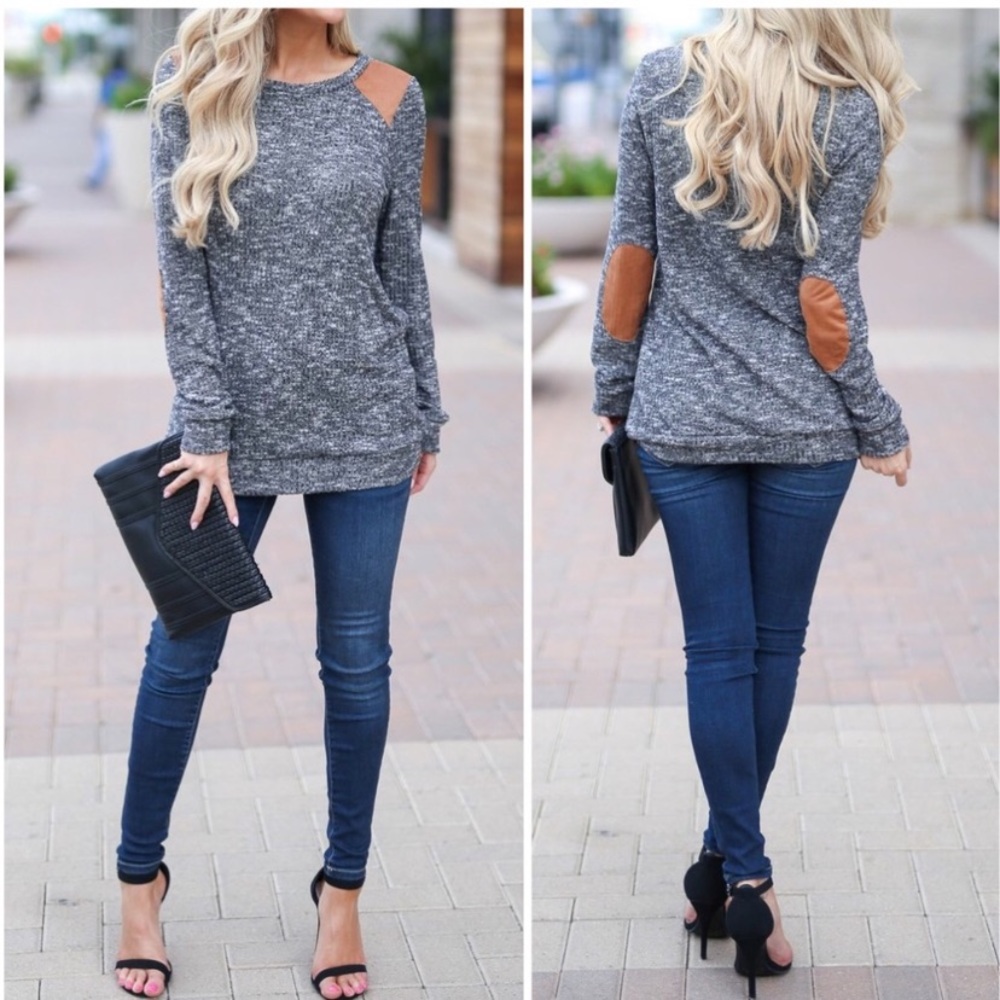 SOLD OUT CLEARANCE Charcoal Suede Patch Two Tone Knit Sweater Top - Picture 1 of 2